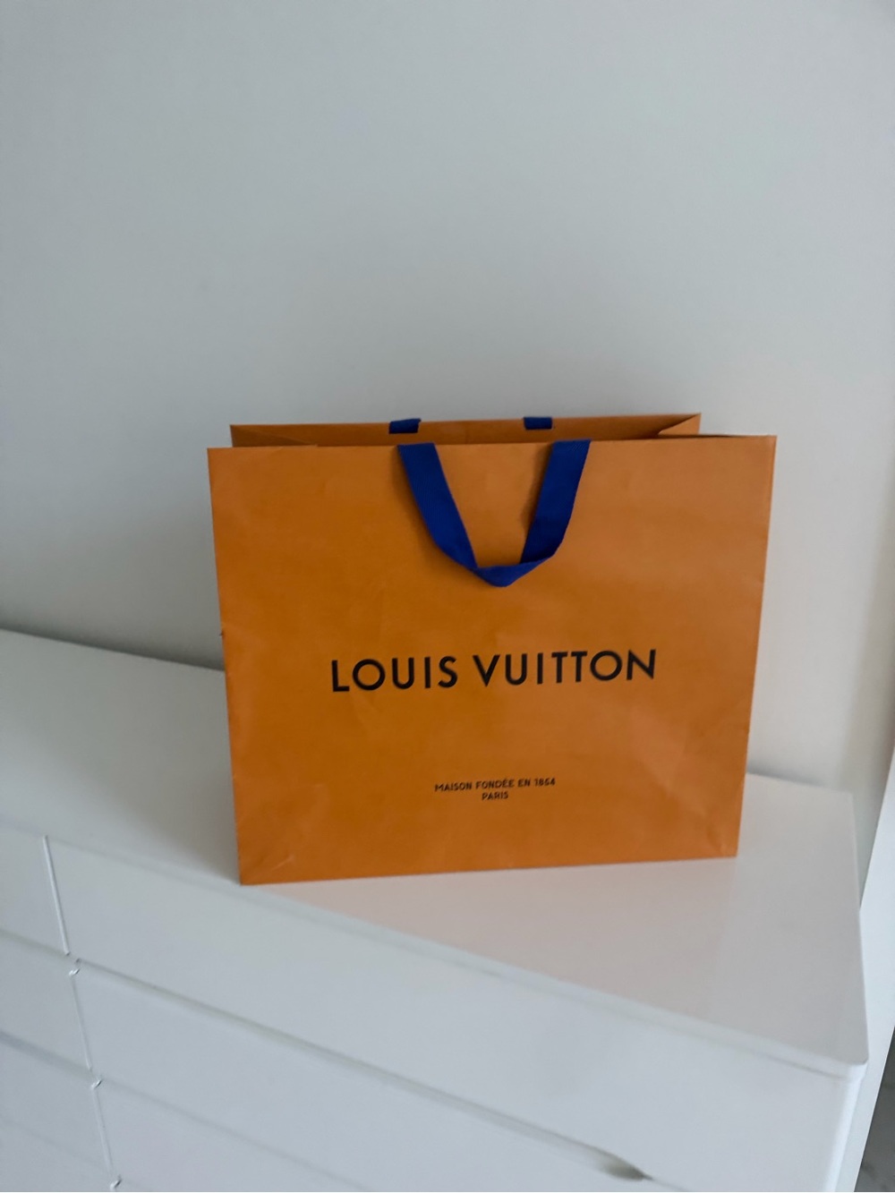 Louis Vuitton Orange Shopping Tote with Blue Ribbon Handles